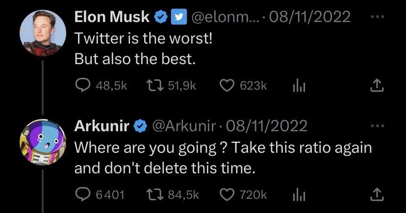 un exemple de "ratio" sur twitter, entre Arkunir et Elon Musk. Ici, il ne s'agit pas de haine en ligne mais d'humour.