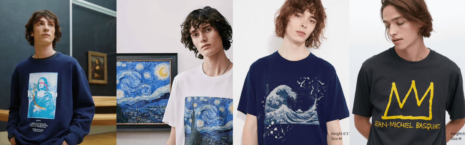 les collaborations de vêtement uniqlo avec le Louvre, le Moma, Hokusai ou Basquiat