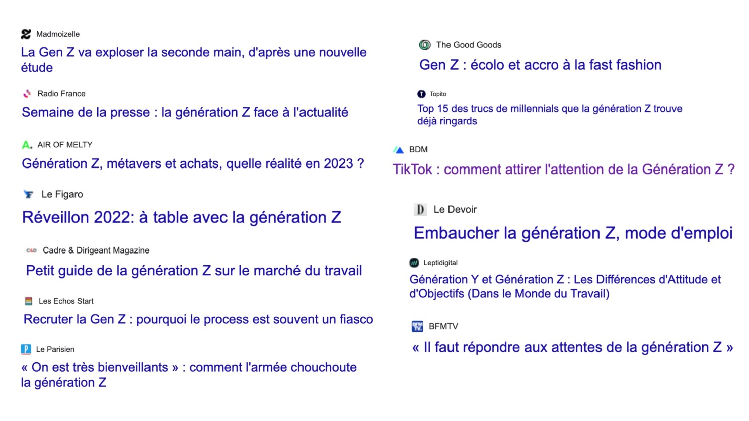 Résultats de recherches Google avec le mot clé "gen z"